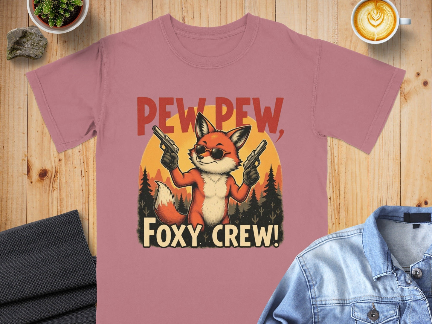 Pew Pew T-Shirt, Foxy Crew Tee Shirt, Funny Fox Design T-Shirt, Animal Lover Tee Shirt, Gangster Fox T Shirt, Graphic Tee, Unisex - IconVexa
