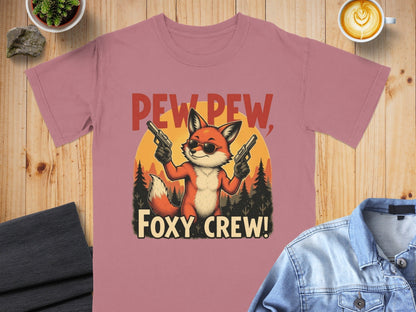 Pew Pew T-Shirt, Foxy Crew Tee Shirt, Funny Fox Design T-Shirt, Animal Lover Tee Shirt, Gangster Fox T Shirt, Graphic Tee, Unisex - IconVexa