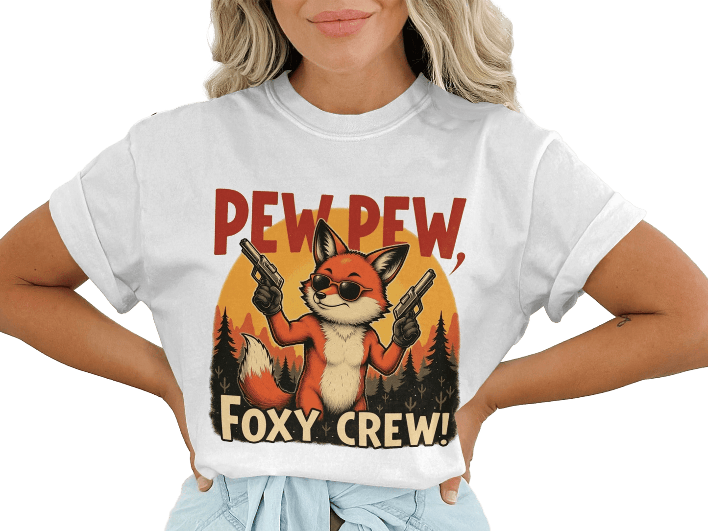 Pew Pew T-Shirt, Foxy Crew Tee Shirt, Funny Fox Design T-Shirt, Animal Lover Tee Shirt, Gangster Fox T Shirt, Graphic Tee, Unisex - IconVexa
