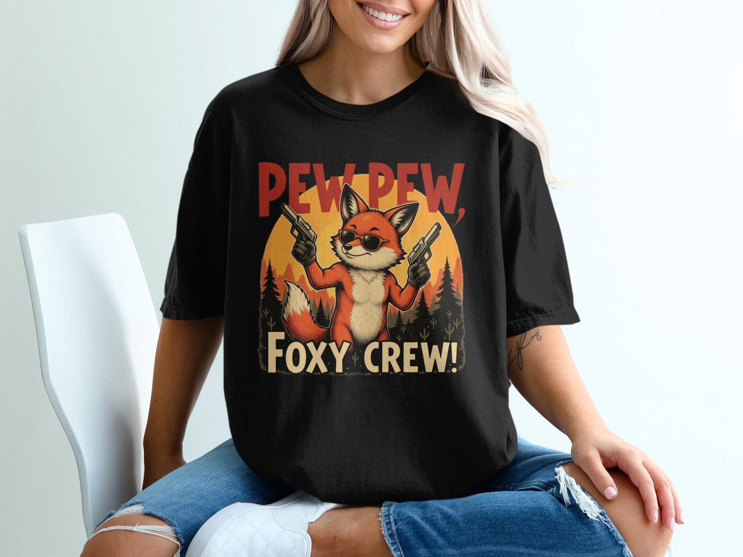 Pew Pew T-Shirt, Foxy Crew Tee Shirt, Funny Fox Design T-Shirt, Animal Lover Tee Shirt, Gangster Fox T Shirt, Graphic Tee, Unisex - IconVexa