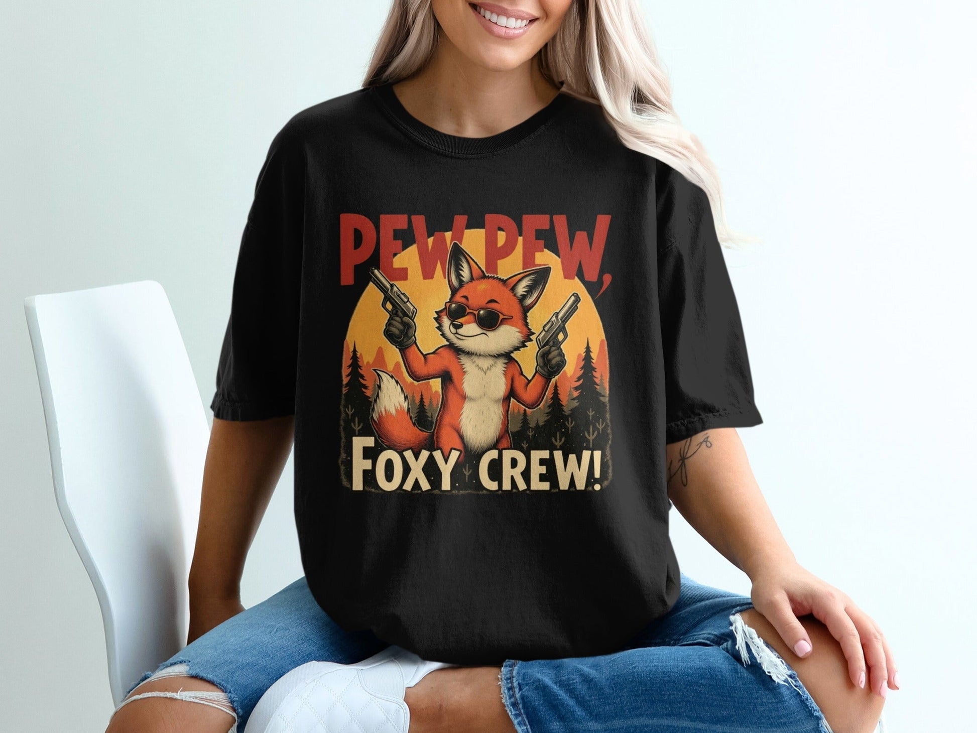 Pew Pew T-Shirt, Foxy Crew Tee Shirt, Funny Fox Design T-Shirt, Animal Lover Tee Shirt, Gangster Fox T Shirt, Graphic Tee, Unisex - IconVexa