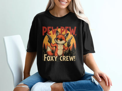 Pew Pew T-Shirt, Foxy Crew Tee Shirt, Funny Fox Design T-Shirt, Animal Lover Tee Shirt, Gangster Fox T Shirt, Graphic Tee, Unisex - IconVexa