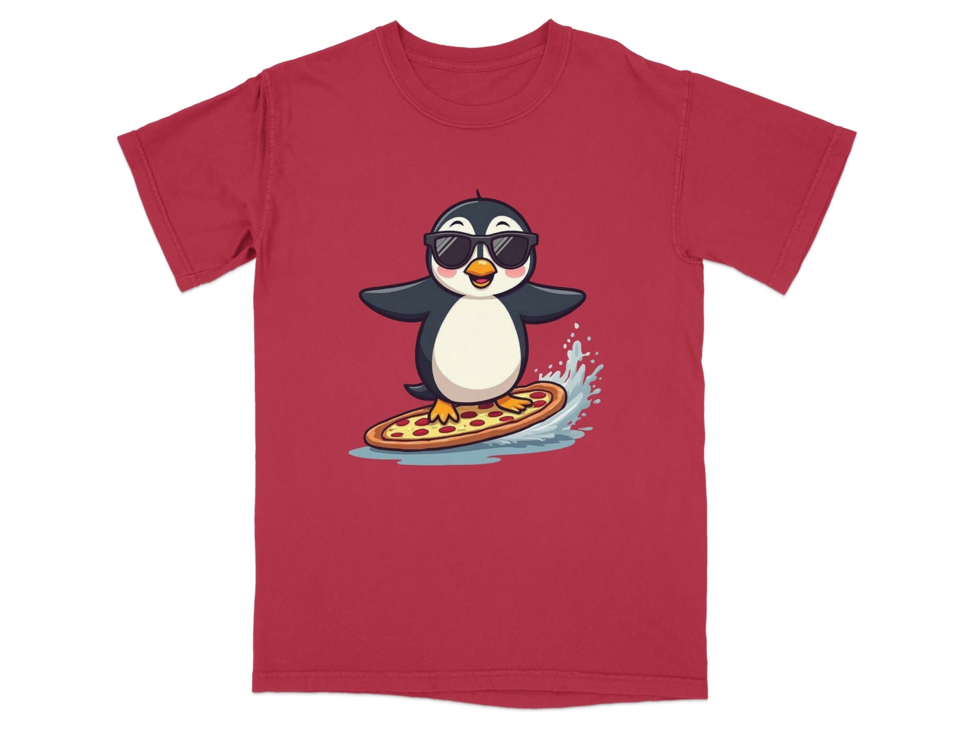 Pizza Surfing Penguin Cute Design Fun Summer T-Shirt - IconVexa