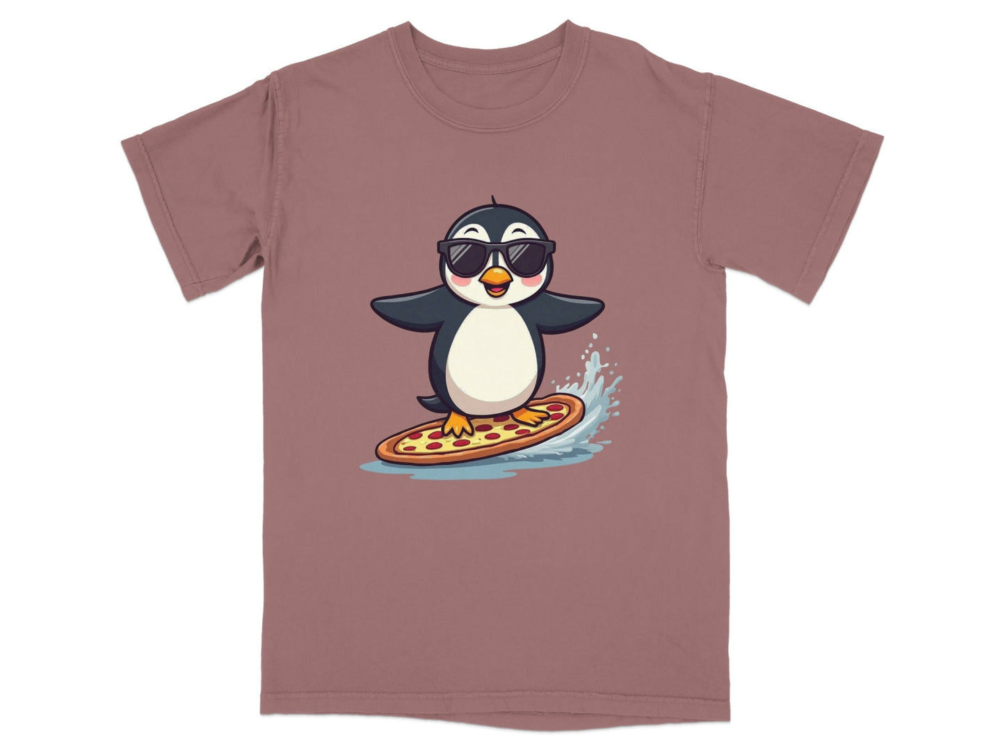 Pizza Surfing Penguin Cute Design Fun Summer T-Shirt - IconVexa