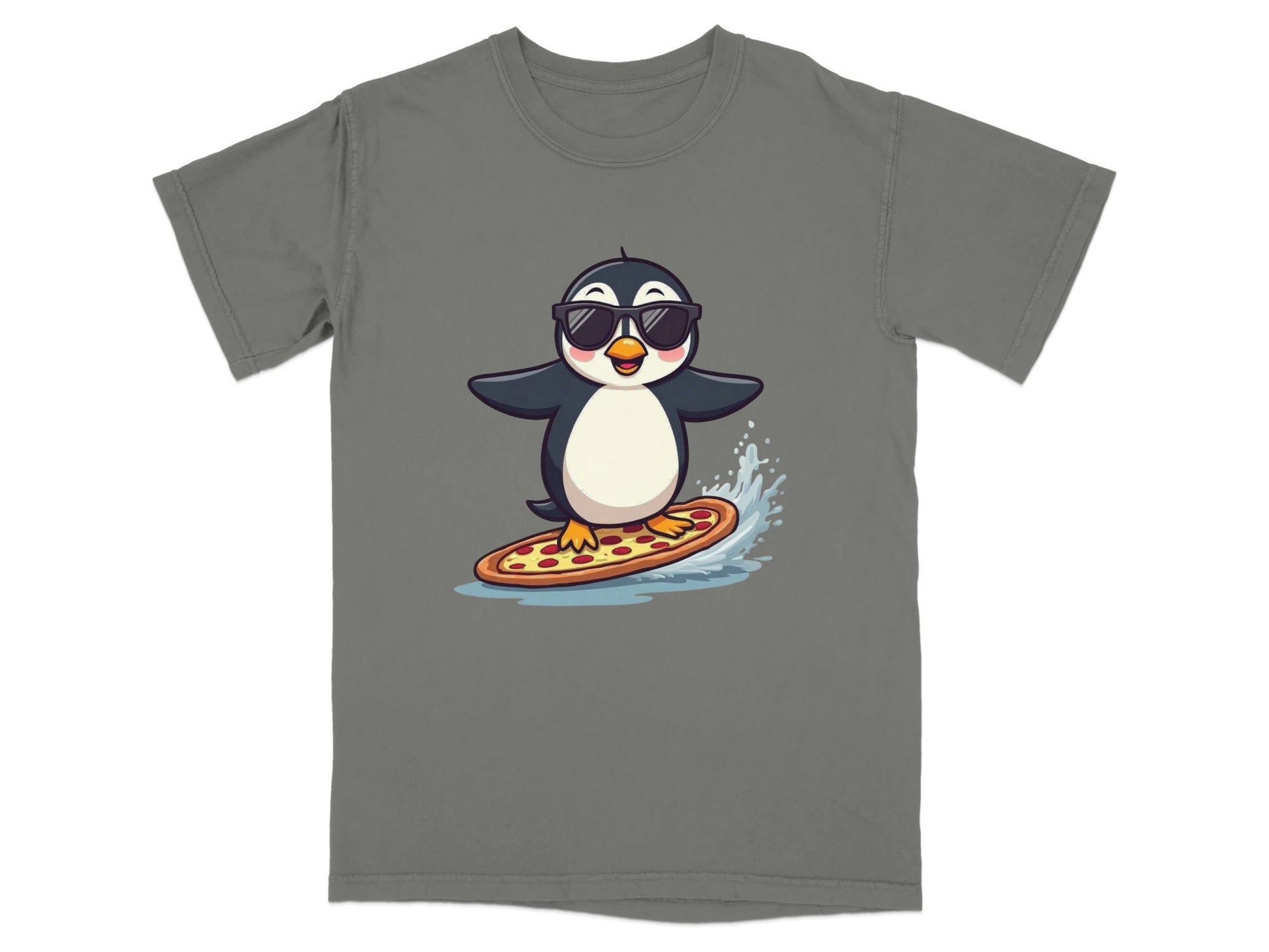 Pizza Surfing Penguin Cute Design Fun Summer T-Shirt - IconVexa