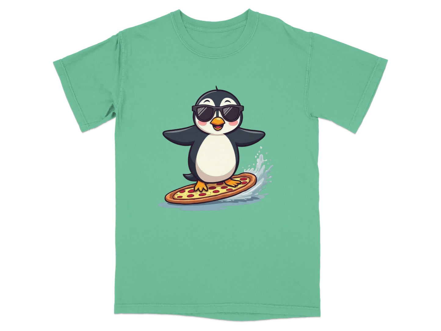 Pizza Surfing Penguin Cute Design Fun Summer T-Shirt - IconVexa