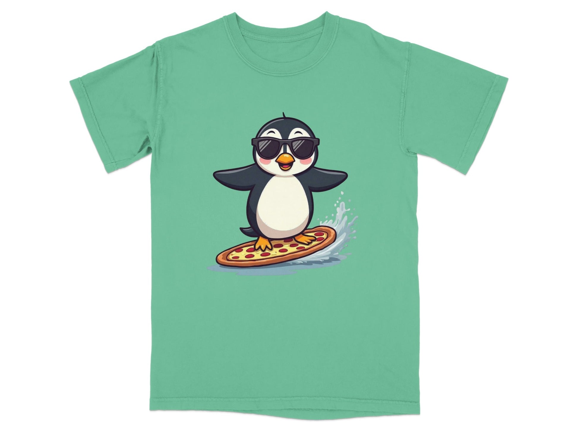 Pizza Surfing Penguin Cute Design Fun Summer T-Shirt - IconVexa