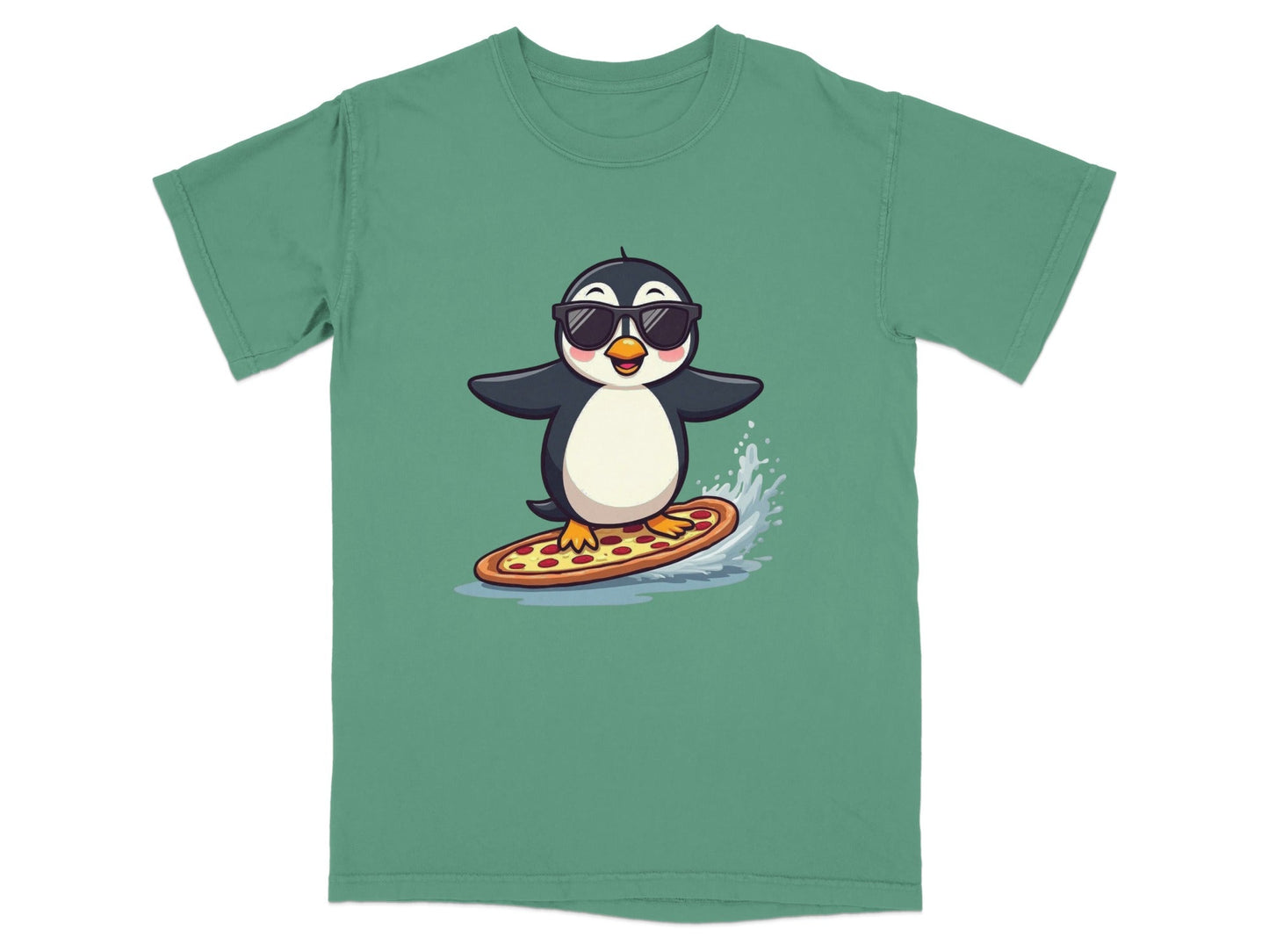 Pizza Surfing Penguin Cute Design Fun Summer T-Shirt - IconVexa