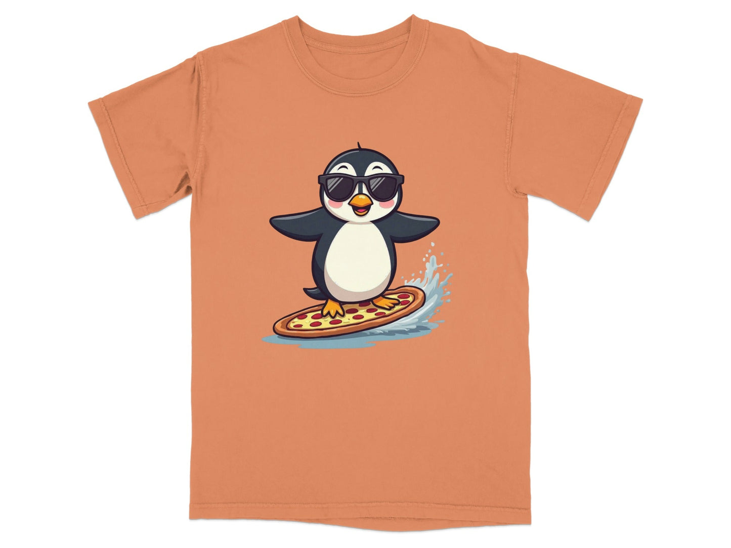 Pizza Surfing Penguin Cute Design Fun Summer T-Shirt - IconVexa