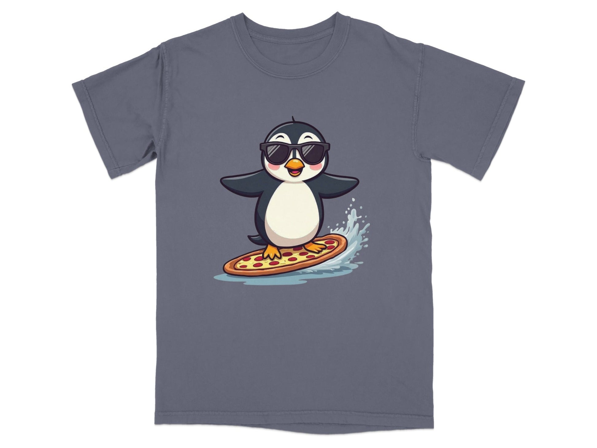 Pizza Surfing Penguin Cute Design Fun Summer T-Shirt - IconVexa
