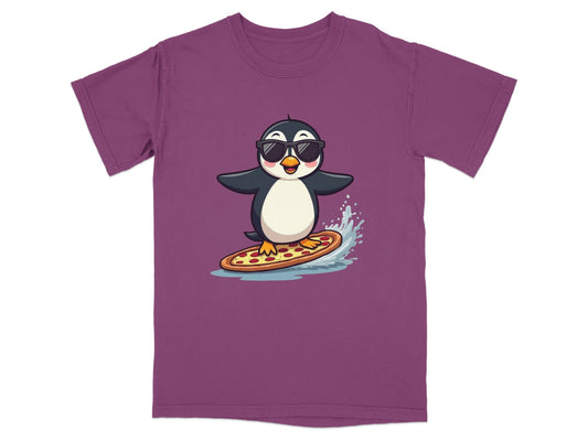 Pizza Surfing Penguin Cute Design Fun Summer T-Shirt - IconVexa