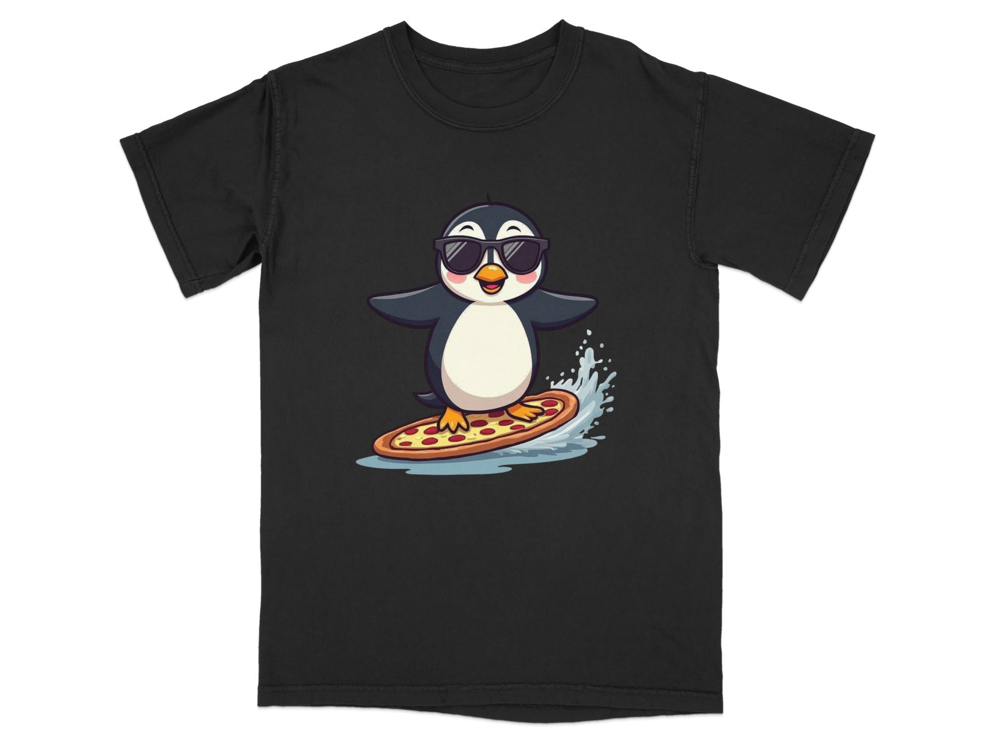 Pizza Surfing Penguin Cute Design Fun Summer T-Shirt - IconVexa