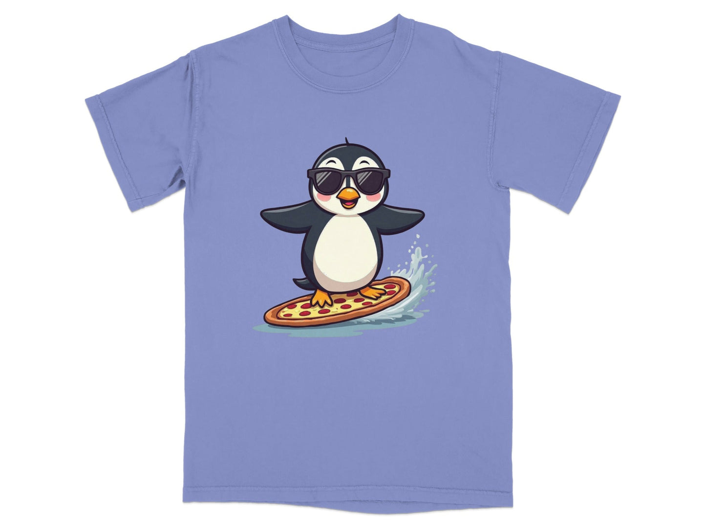 Pizza Surfing Penguin Cute Design Fun Summer T-Shirt - IconVexa