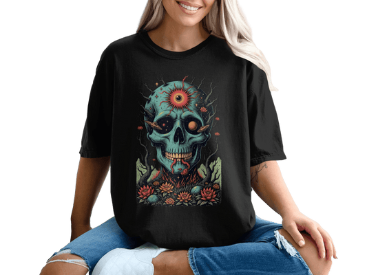 Psychedelic Floral Skull With Eye And Planets Graphic T-Shirt - IconVexa
