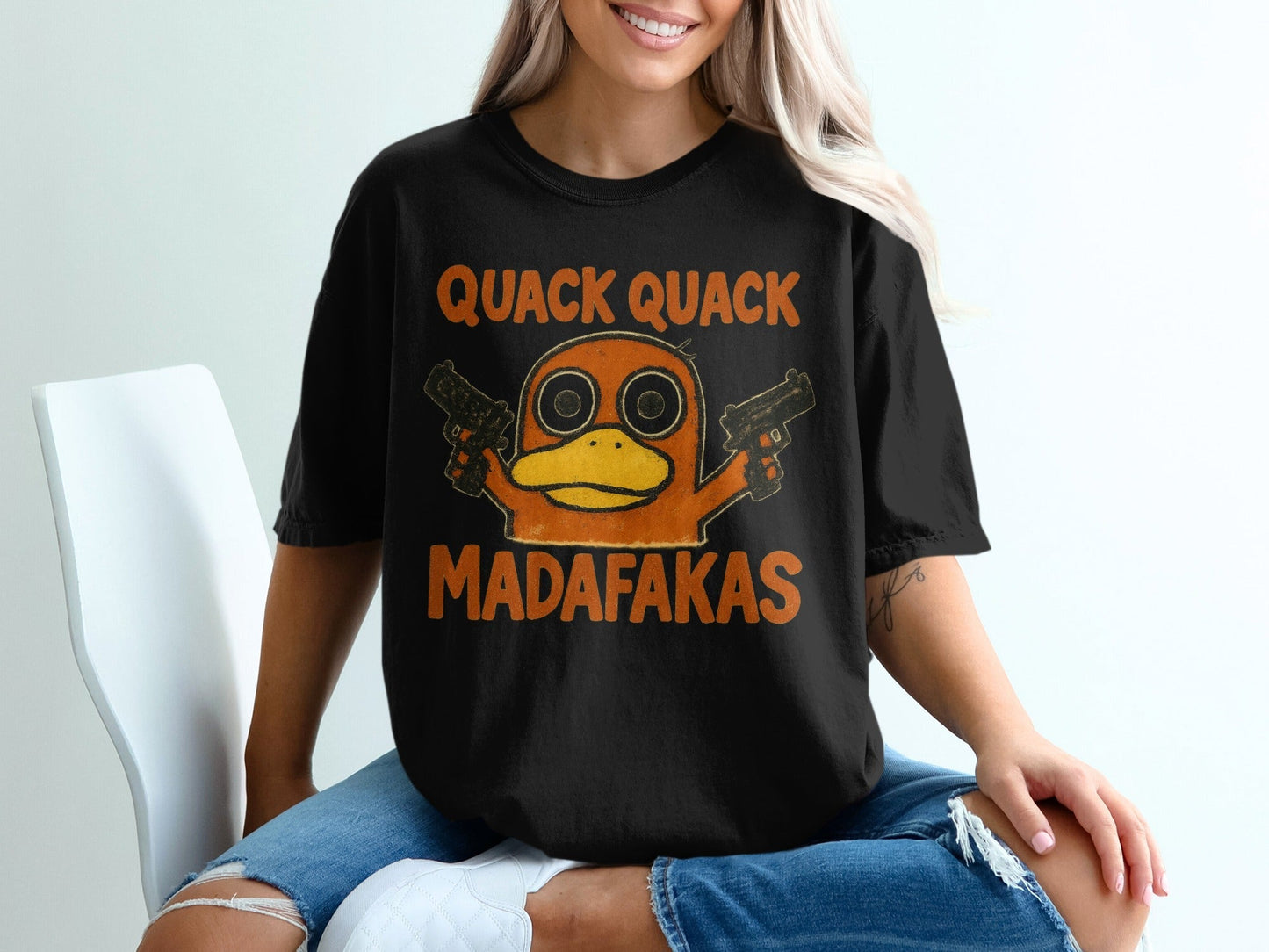 Quack Quack Duck T-Shirt, Funny Duck Shirt, Duck with Guns Tee, Meme Shirt, Popular Shirt, Trending T-Shirt, Gift for Duck Lovers - IconVexa