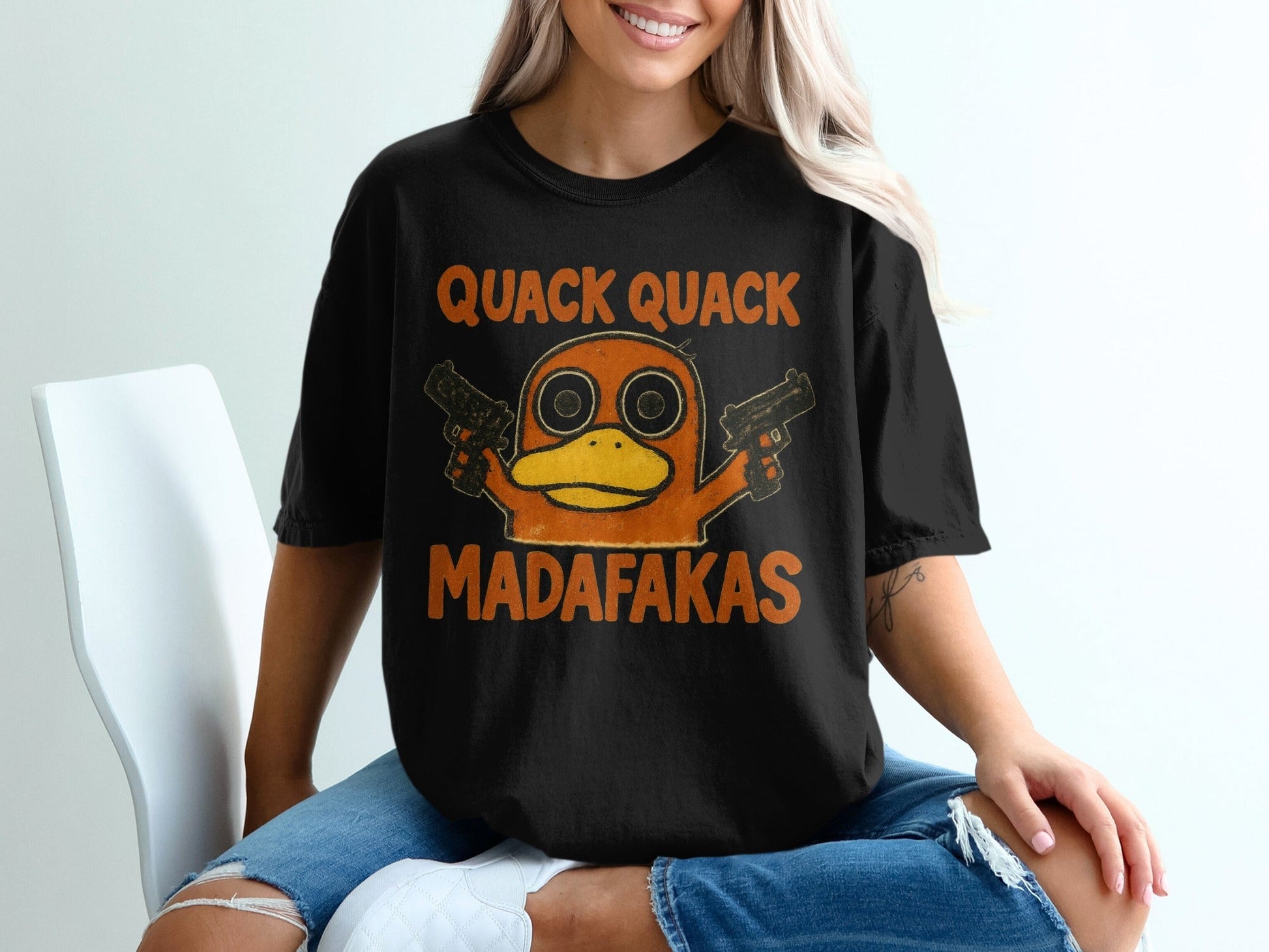 Quack Quack Duck T-Shirt, Funny Duck Shirt, Duck with Guns Tee, Meme Shirt, Popular Shirt, Trending T-Shirt, Gift for Duck Lovers - IconVexa