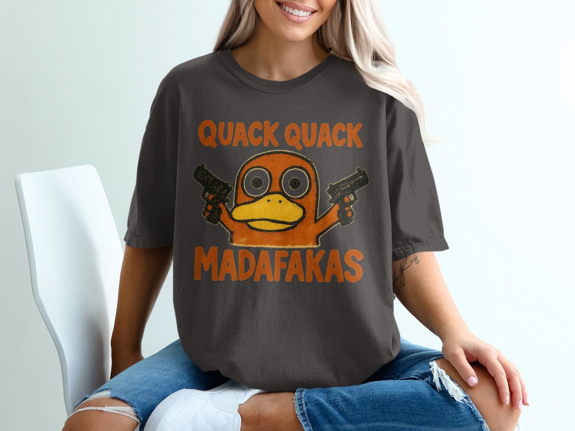 Quack Quack Duck T-Shirt, Funny Duck Shirt, Duck with Guns Tee, Meme Shirt, Popular Shirt, Trending T-Shirt, Gift for Duck Lovers - IconVexa