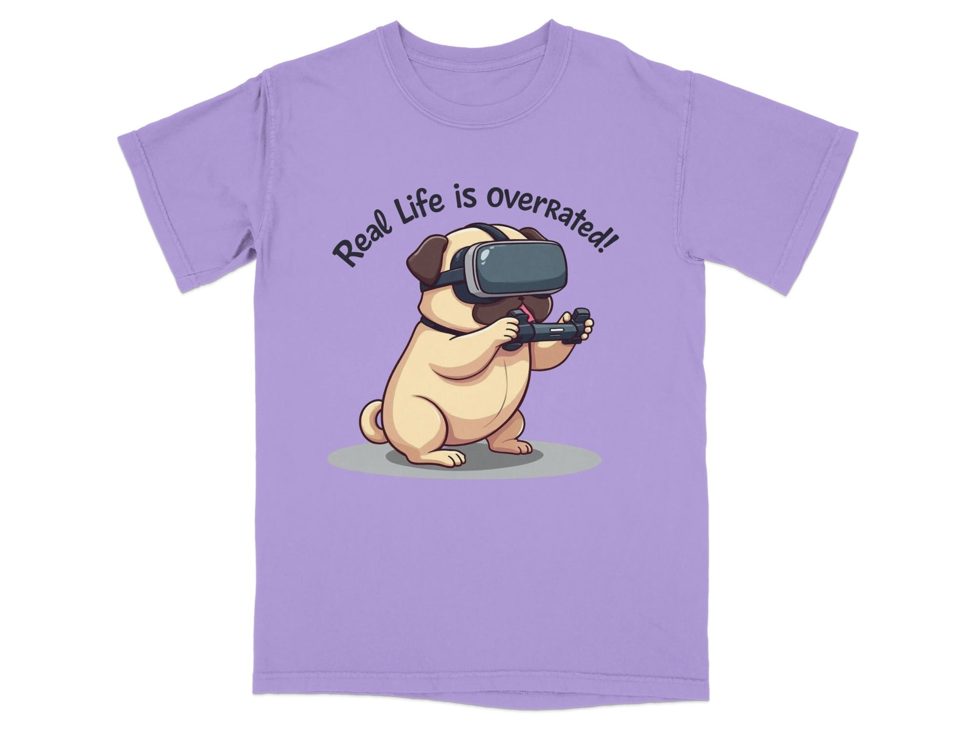 Real Life Is Overrated Pug In VR Headset Gaming T-Shirt - IconVexa