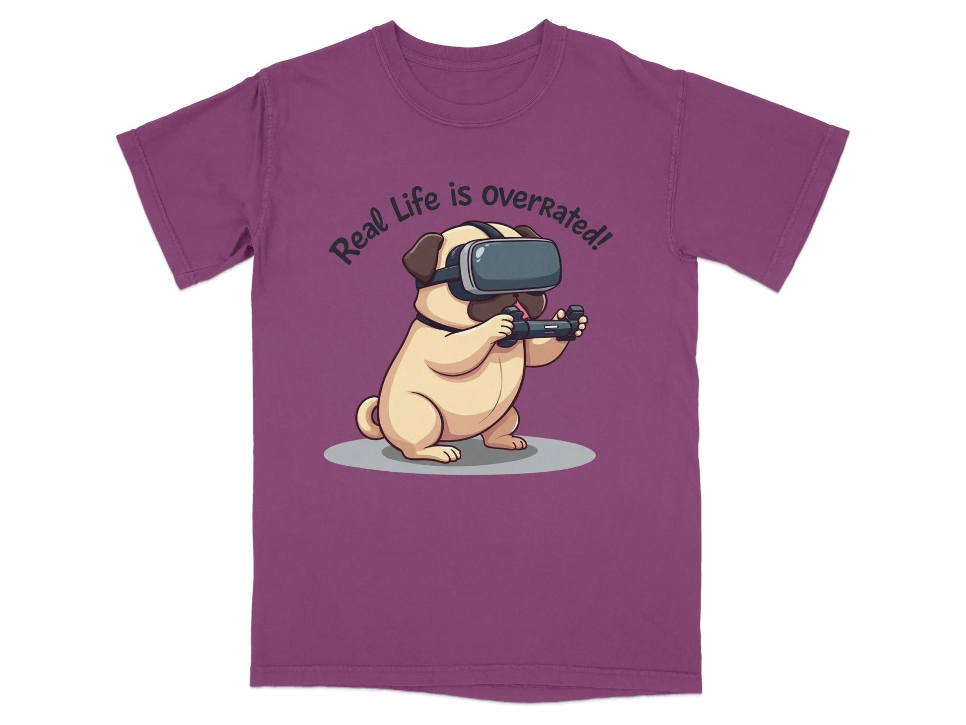 Real Life Is Overrated Pug In VR Headset Gaming T-Shirt - IconVexa