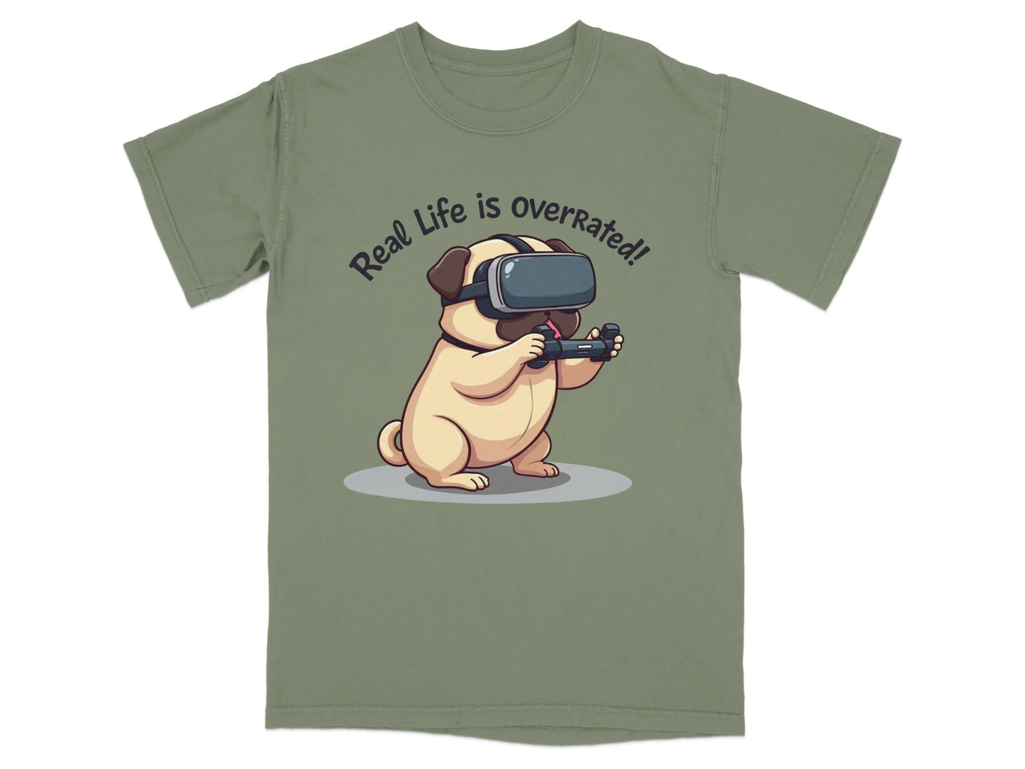 Real Life Is Overrated Pug In VR Headset Gaming T-Shirt - IconVexa