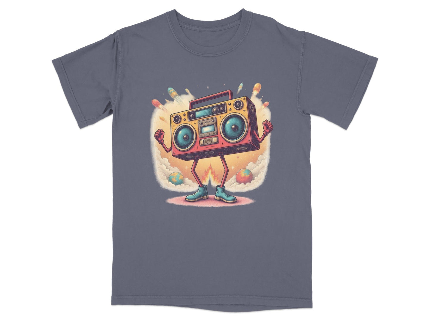 Retro boombox character t-shirt design with colorful rockets, perfect gift for music lovers.