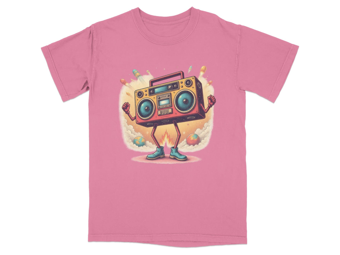 Funny Retro Boombox T-Shirt design with arms and rockets, perfect for music lovers, in vibrant pink color.