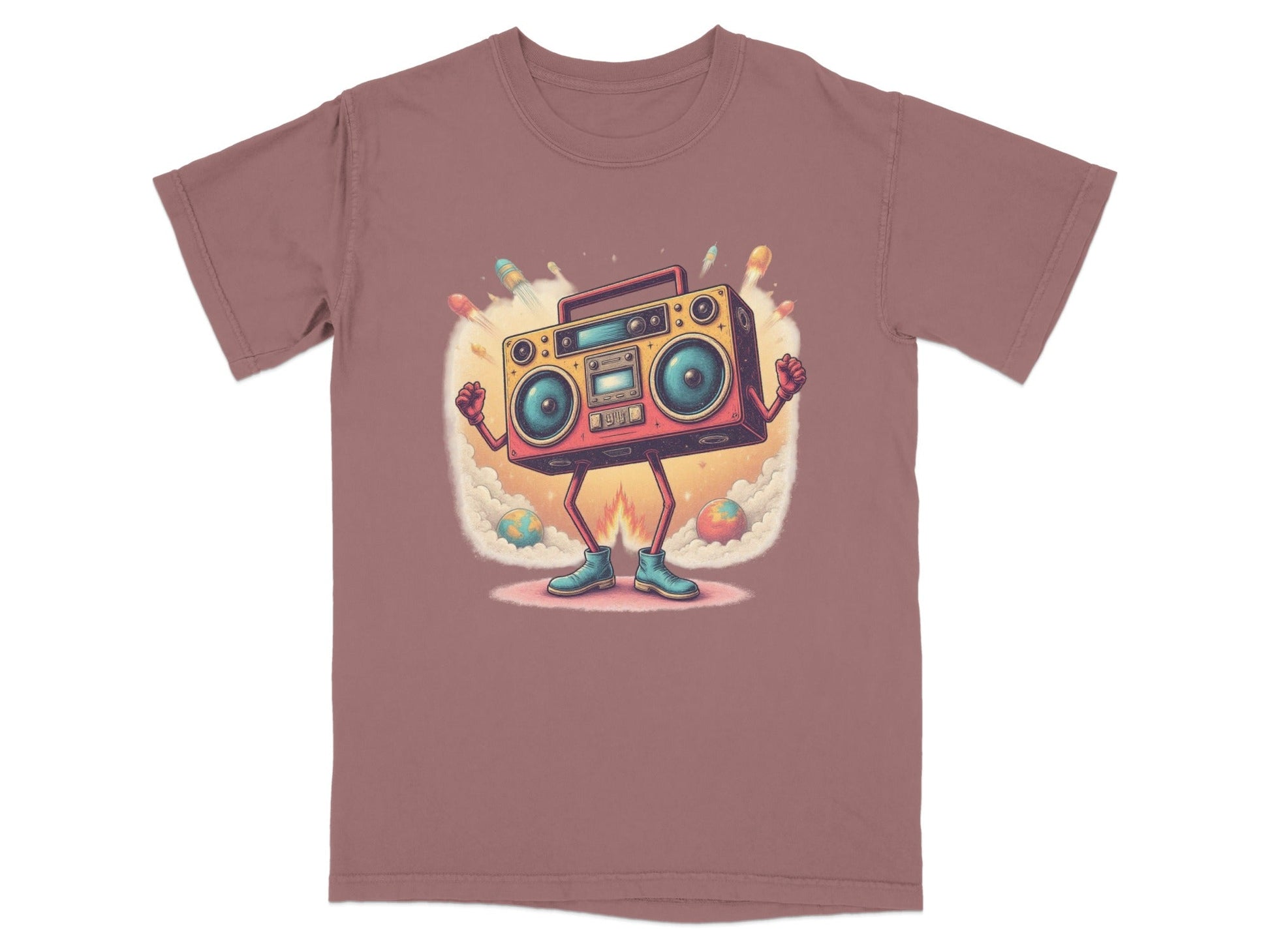 Funny Retro Boombox character t-shirt design with rockets, perfect for music lovers.