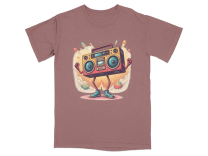 Funny Retro Boombox character t-shirt design with rockets, perfect for music lovers.