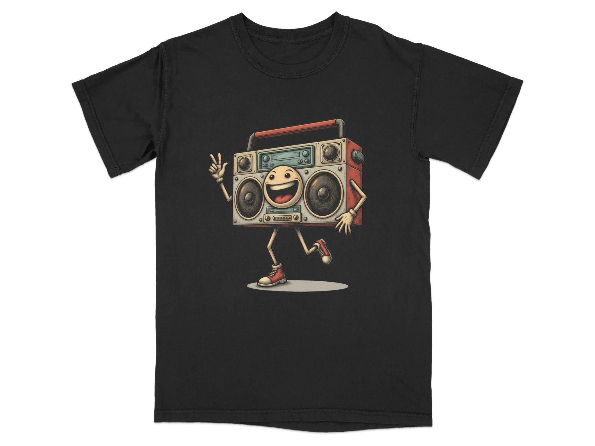 Funky Retro Boombox character graphic on a black T-shirt, perfect for music lovers and casual style.
