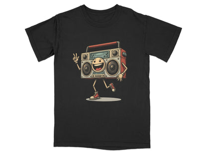 Funky Retro Boombox character graphic on a black T-shirt, perfect for music lovers and casual style.