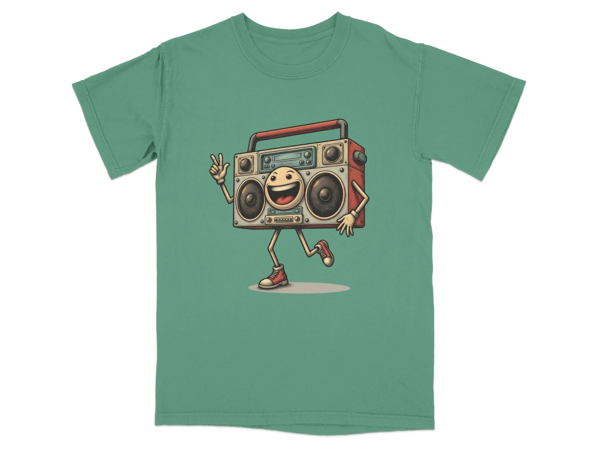 Retro Boombox T-Shirt featuring a playful boombox character in a fun design for music lovers.