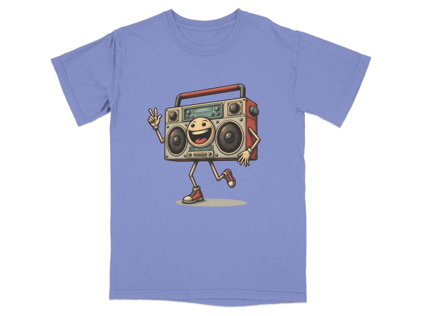 Retro Boombox T-Shirt featuring a playful boombox character, perfect for music lovers and graphic tee enthusiasts.