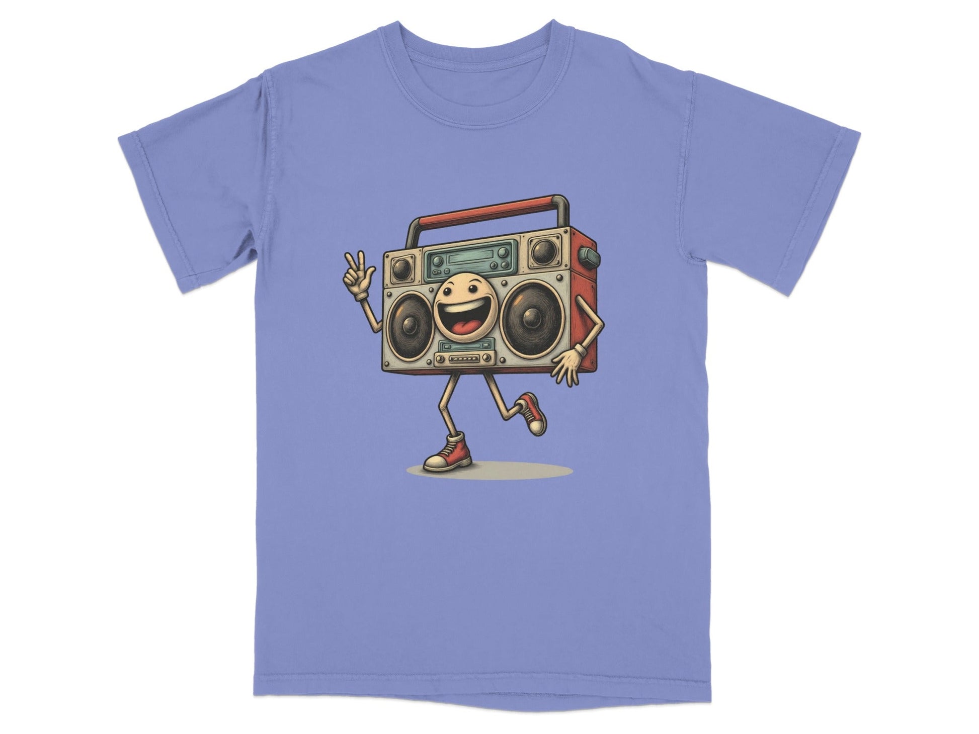 Retro Boombox T-Shirt featuring a playful boombox character, perfect for music lovers and graphic tee enthusiasts.