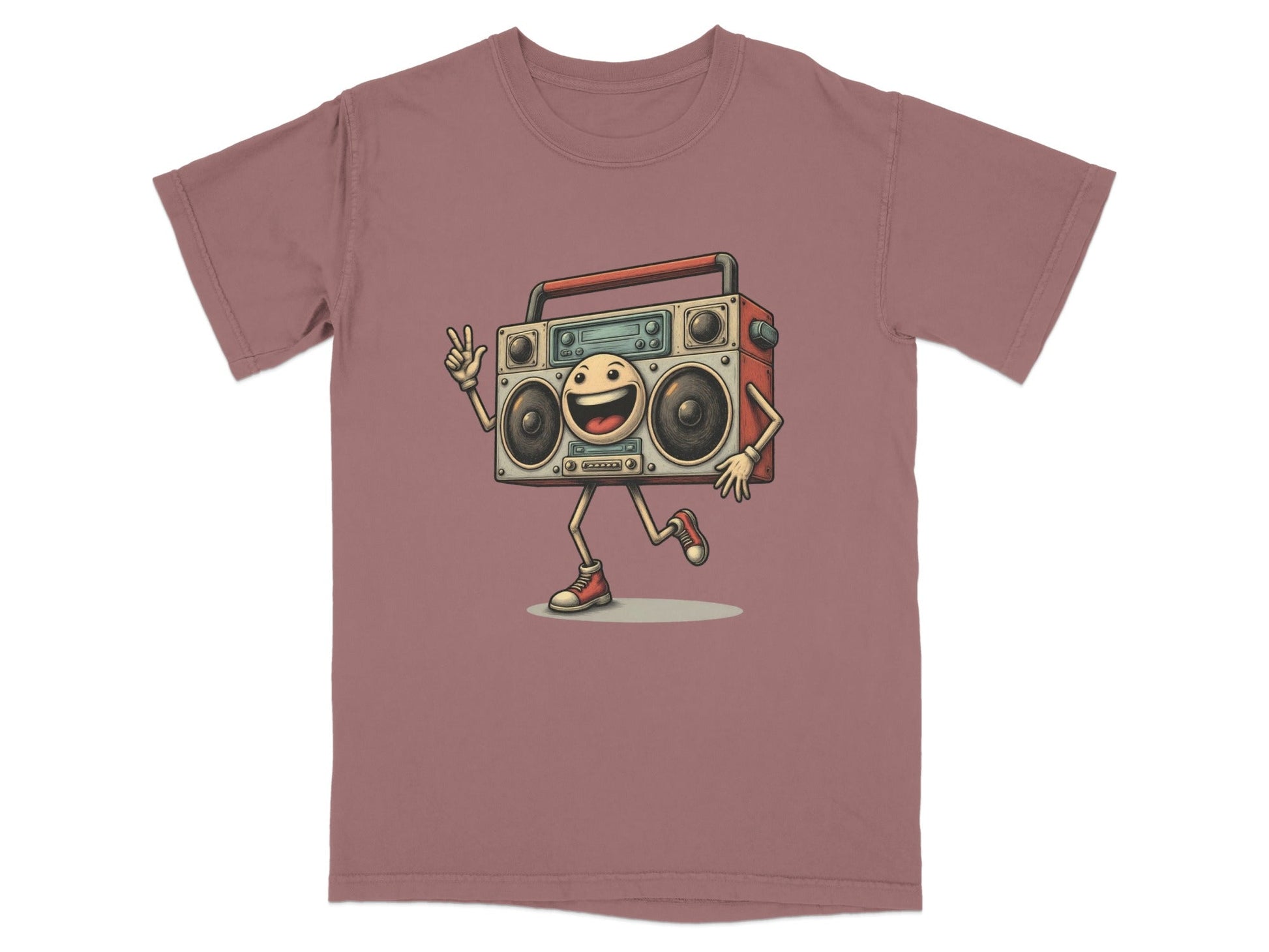 Retro Boombox character graphic tee for music lovers, featuring a fun design on a relaxed fit t-shirt.