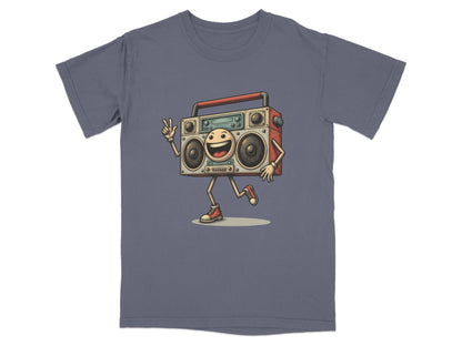 Retro boombox character t-shirt for music lovers, featuring a cheerful design in unisex fit.