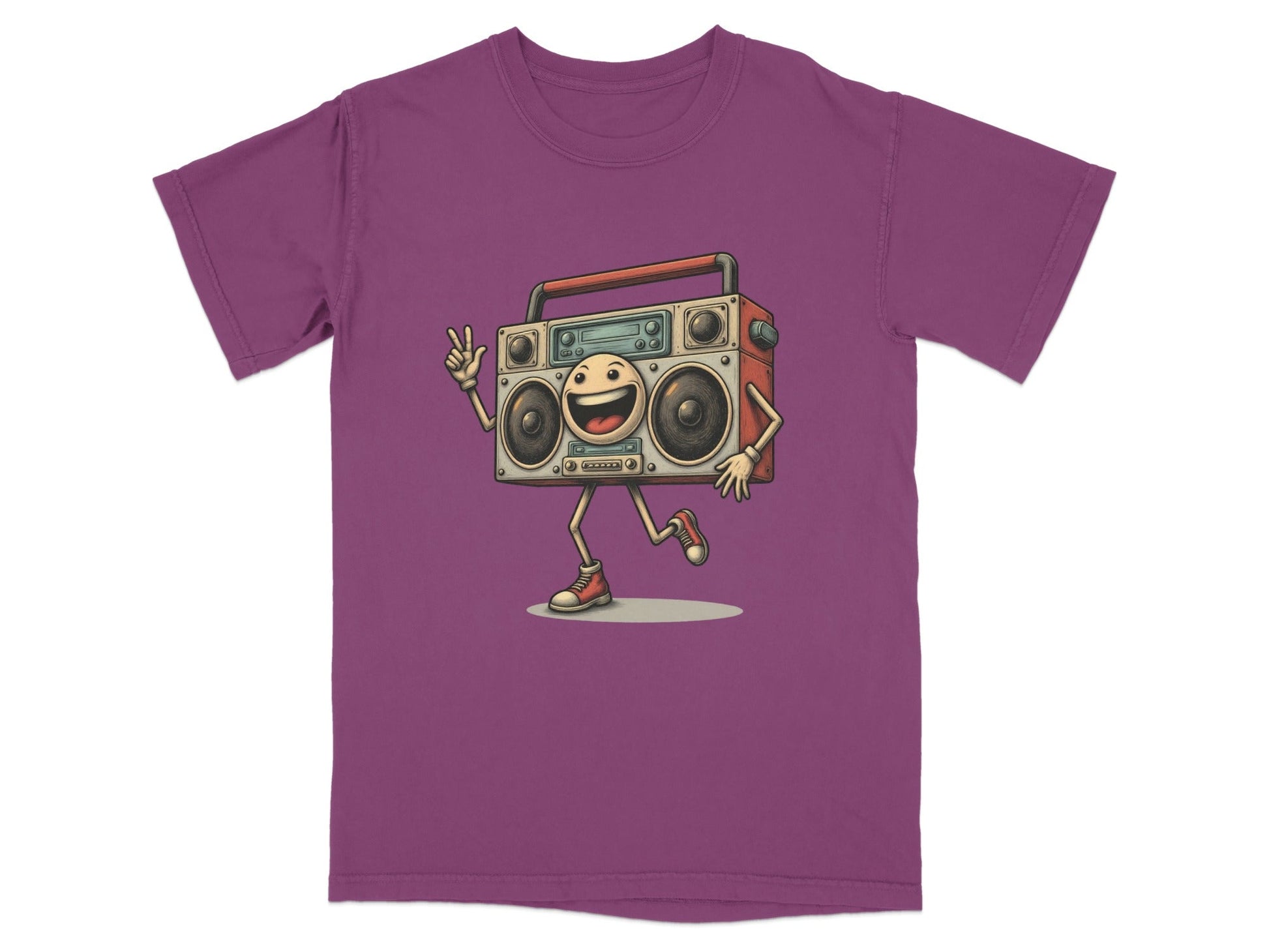 Retro Boombox character T-shirt illustration for music lovers in vibrant purple.