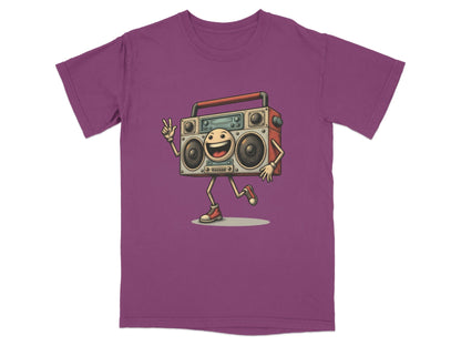 Retro Boombox character T-shirt illustration for music lovers in vibrant purple.