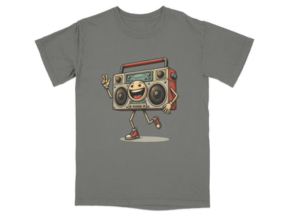 Retro boombox character graphic tee for music lovers, fun novelty T-Shirt design in relaxed fit.