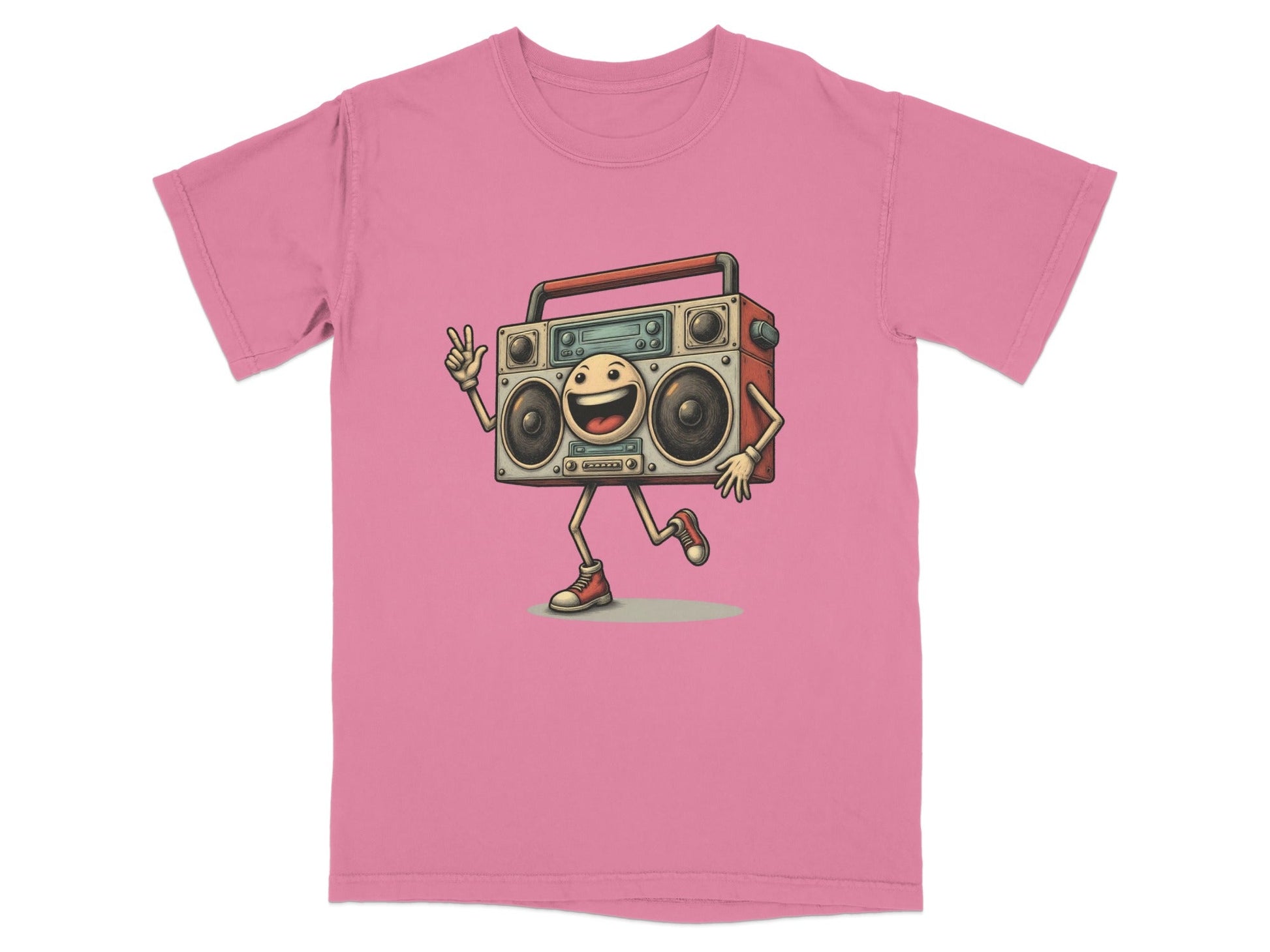 Pink Retro Boombox T-Shirt featuring a happy character with legs and arms, perfect for music lovers.