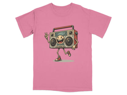 Pink Retro Boombox T-Shirt featuring a happy character with legs and arms, perfect for music lovers.