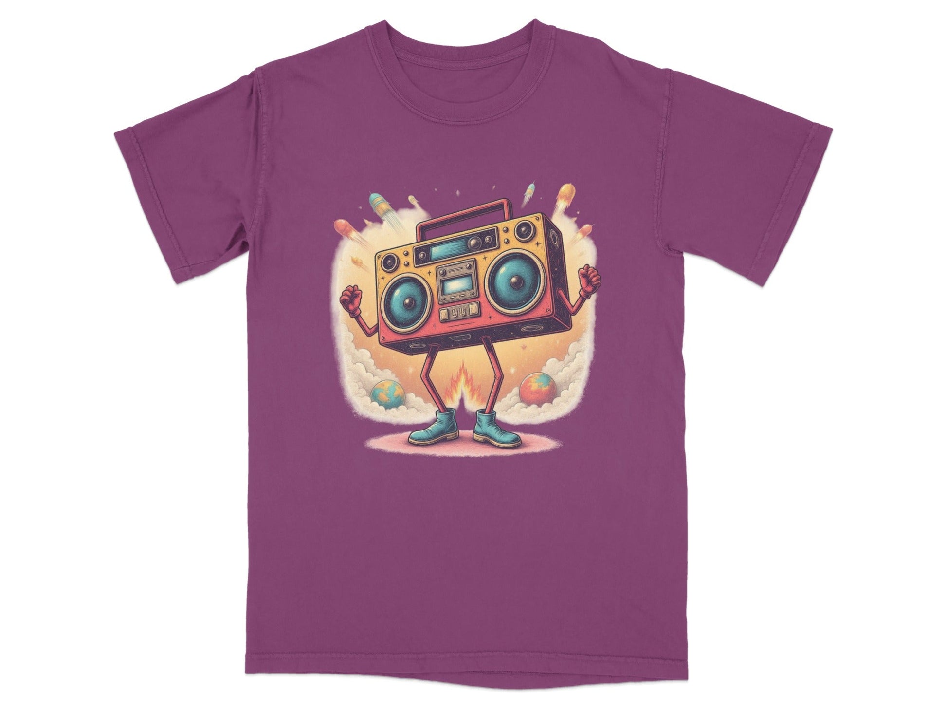 Funny retro boombox character T-shirt design with rockets, perfect for music lovers and casual wear.