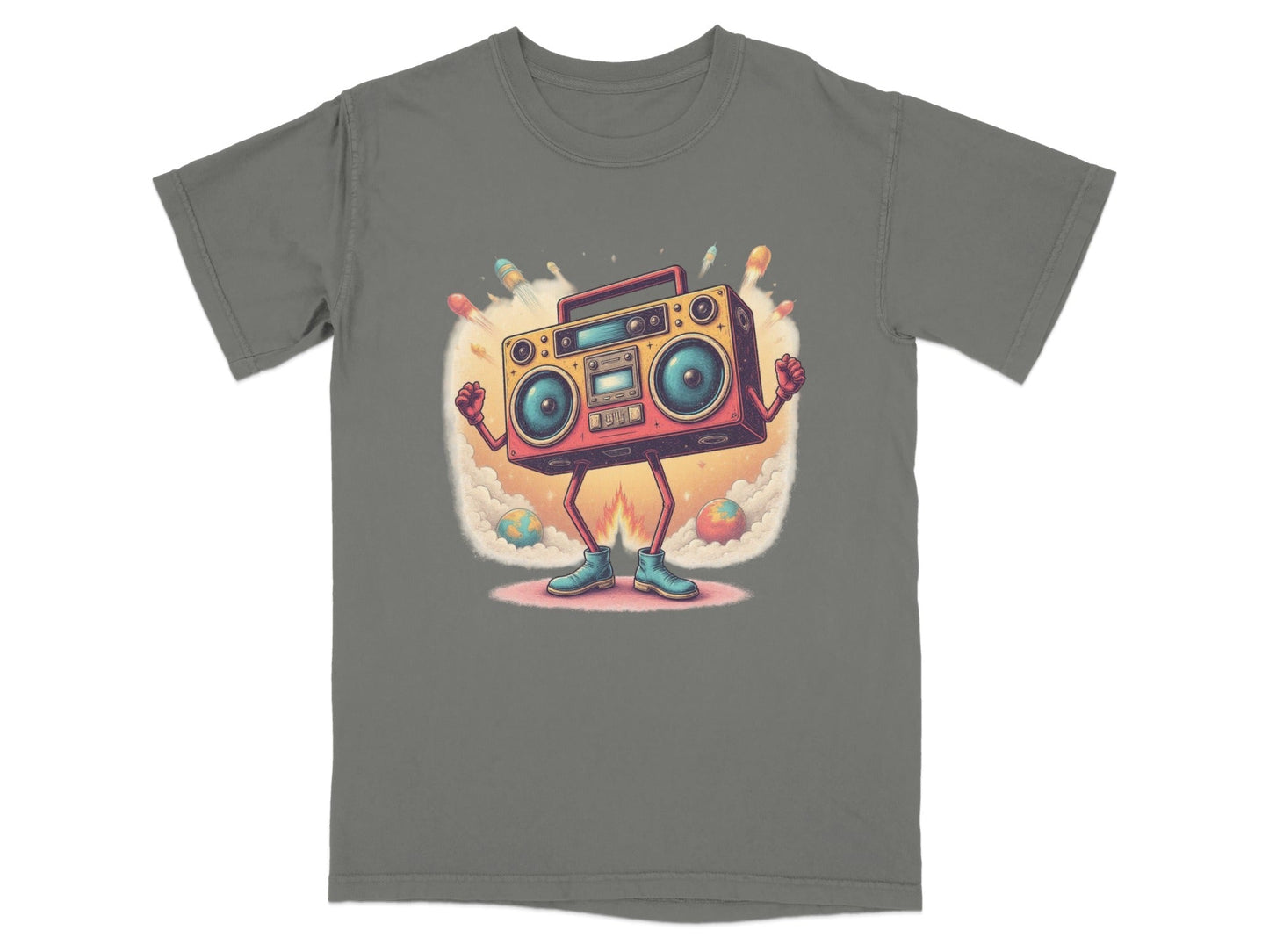 Funny Retro Boombox character t-shirt design with rockets, perfect for music lovers and fun casual wear.