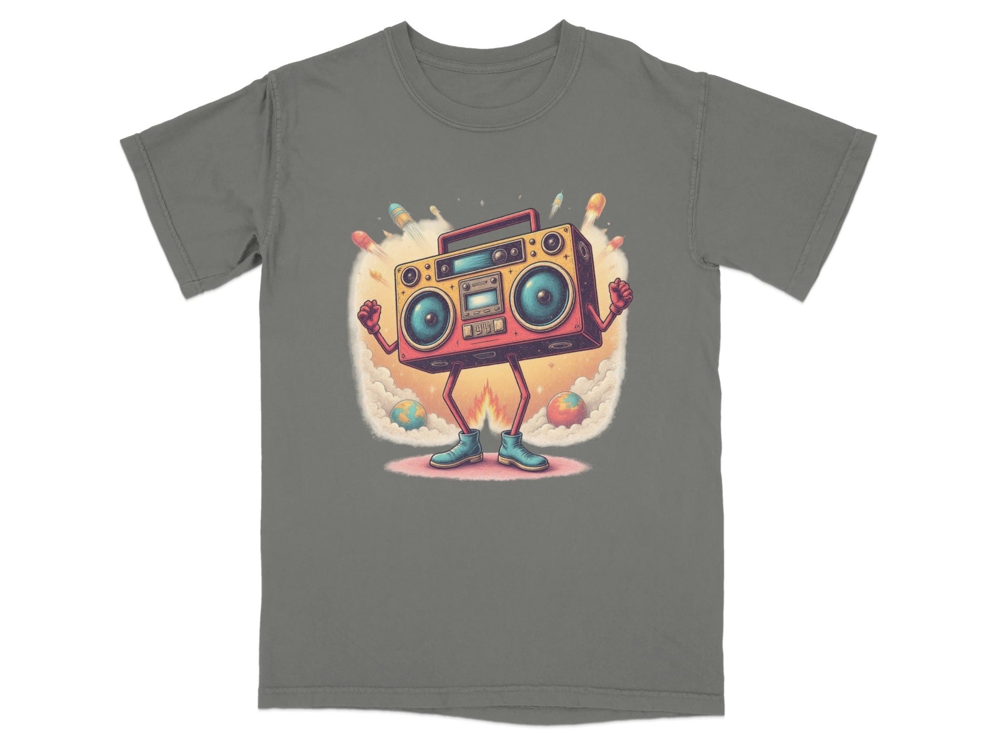 Funny Retro Boombox character t-shirt design with rockets, perfect for music lovers and fun casual wear.