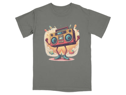 Funny Retro Boombox character t-shirt design with rockets, perfect for music lovers and fun casual wear.