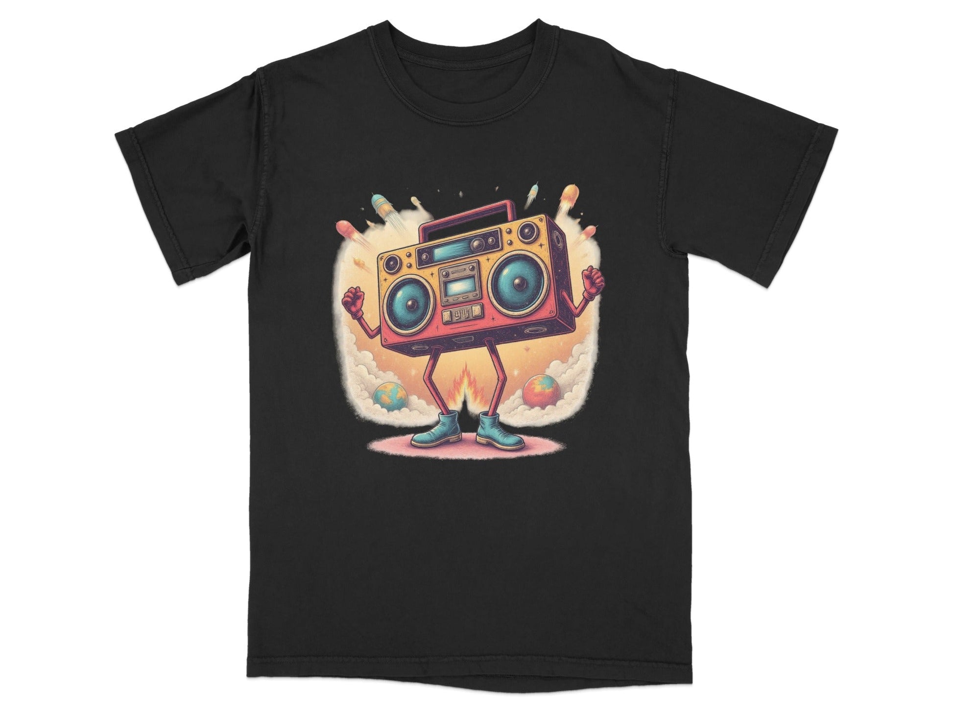 Funny Retro Boombox character T-shirt design with rockets, perfect for music lovers and a unique gift idea.
