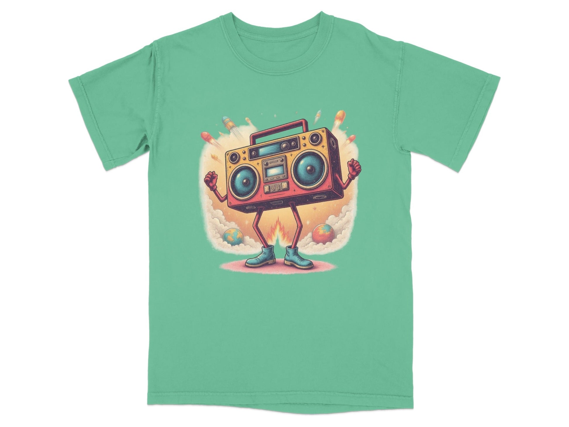 Funny Retro Boombox character t-shirt design with rockets, perfect for music lovers, unisex relaxed fit.