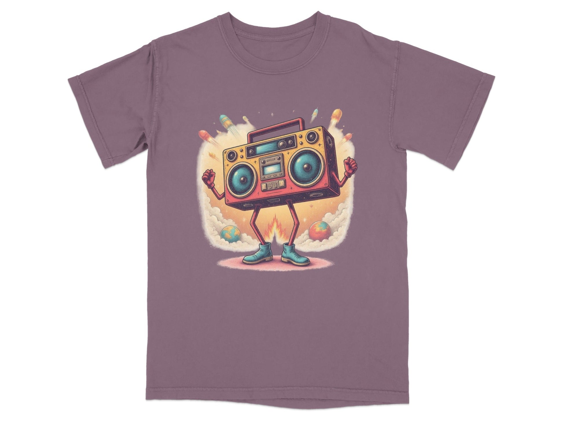 Funny Retro Boombox character t-shirt design with colorful rockets, perfect for music lovers.