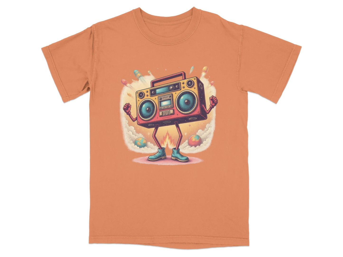 Funny retro boombox character T-shirt design with rockets and vibrant colors, perfect for music lovers.
