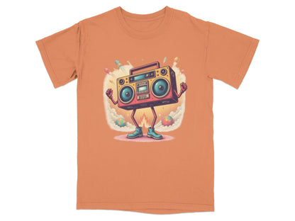 Funny retro boombox character T-shirt design with rockets and vibrant colors, perfect for music lovers.