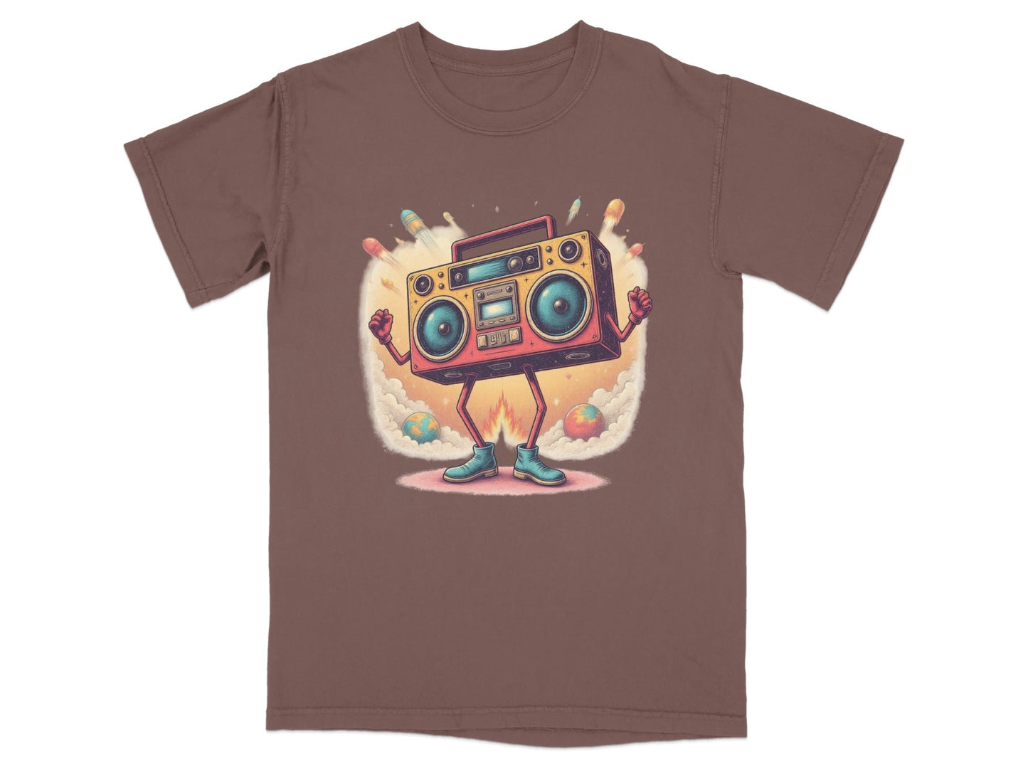 Retro boombox character T-shirt with rockets, featuring fun graphics, perfect for music lovers.